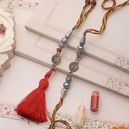 Aatmana Om & Pearl Beaded Bhaiya Bhabhi Tasselled Rakhi with Roli & Chawal-picture-13