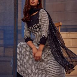 W Jet Black & White Cotton Printed Fit & Flare Kurta-image-7