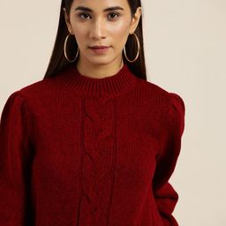 INVICTUS Women Rust Red Puff Sleeved Self Design Pullover-image-108