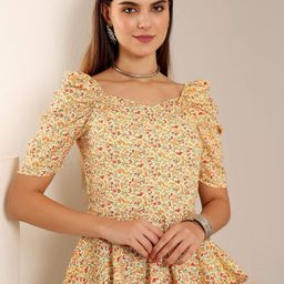 Zuvino Floral Print Sweetheart Neck Puff Sleeve Cotton Peplum Top-picture-48