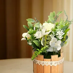 Cortina White And Green Rose Artificial Flower With Wooden Pot-29