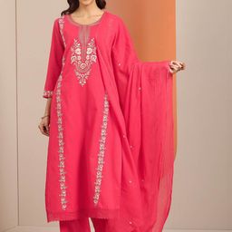 Libas Floral Embroidered Thread Work Straight Kurta With Trousers & Dupatta-image-45