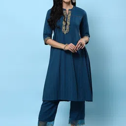 Shree Embroidered Regular Sequinned Liva A-Line Kurta with Trousers-picture-6