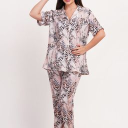 FIMS Women Lapel Collar Short Sleeves Printed Night suit-image-117