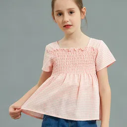 Kookie Kids Half Sleeves Smoked Checks Print Top - Peach-picture-16