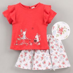 ToffyHouse Half Sleeves Top & Skirt Set Rat Print- Red-image-88