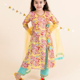 Pspeaches Three Fourth Sleeves All Over Floral Print Angrakha Style Kurta & Leheriya Pajama With Tulle Dupatta - Yellow-image-55