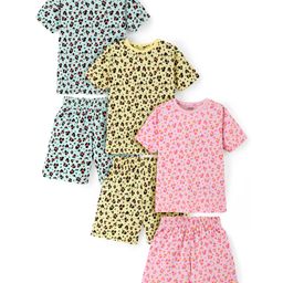 Primo Gino 100% Cotton Knit Drop Shoulder Night Suit Leopard Print Pack of 3 - Blue Yellow & Pink-image-53