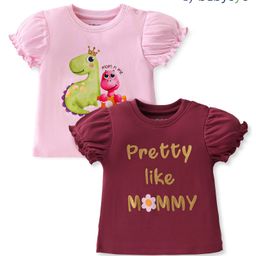 Babyoye Eco Conscious 100 % Cotton Half Sleeves T-Shirt Dinosaur Print Set of 2 - Pink-8
