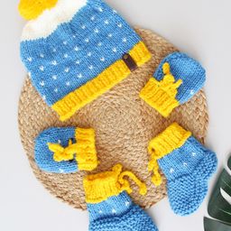 Woonie Hand Knitted Pom Pom Detailed Cap With Matching Mittens And Booties Set - Blue-picture-1
