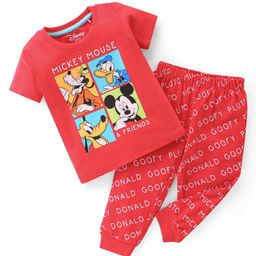 Babyhug Disney Cotton Knit Half Sleeves Night Suit with Mickey Mouse Family Print - Red-image-39