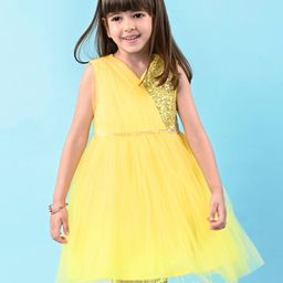 Babyhug Woven Sleeveless  Fit and Flare Pleated Party Frock With Sequined Detailing- Yellow-picture-43