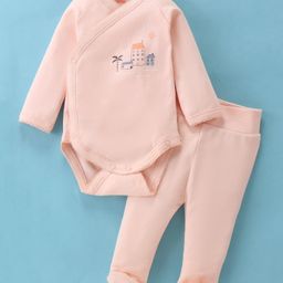 I Bear Interlock Knit Full Sleeves Onesie with Bootie Legging Building Print - Peach-image-5