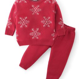 Babyhug Knit Full Sleeves Sweater Set with Snowflake Design- Red-image-0