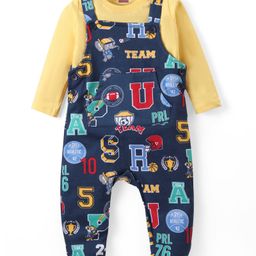 Babyhug Cotton Knit Full Sleeves T-Shirt & Dungaree Set with Elephant Print - Orange & Blue-image-54