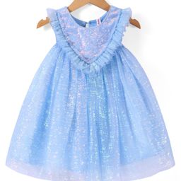 Babyhug Woven Sleeveless Fit & Flare Mesh Party Frock With Frilled Detailing - Blue-image-61