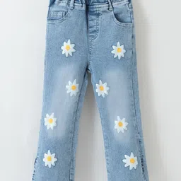 Kookie Kids Full Length Denim Washed Jeans with Floral Print - Blue-picture-27