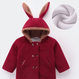 Kookie Kids Full Sleeves Hooded Winter Fur Jacket with 3D Bunny Applique & Pockets - Red-image-83