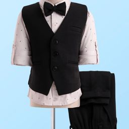 Robo Fry Woven Full SleevesTextured 3 Piece Party Suit With Bow - Black & Pink-image-83
