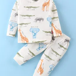 Mini Taurus Cotton Full Sleeves Night Suit Wild Animals Print - Off White-picture-6