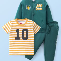 Babyhug Cotton Knit Full Sleeves Jacket With Striped T-Shirt & Lounge Pants - Teal Blue-image-72