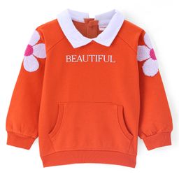 Babyhug Cotton Knit Full Sleeves Floral & Text Printed Collared Sweatshirt with Kangaroo Pockets - Dark Orange-image-36