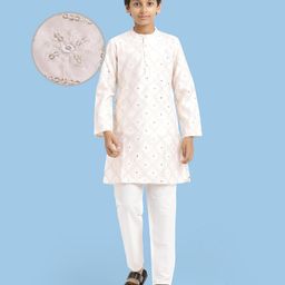 Pine KIds Woven Full Sleeves Kurta Pyjama Set with Sequin Embroidery - White-picture-8