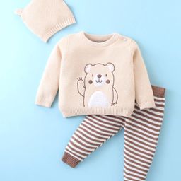 ToffyHouse Cotton Knitted Full Sleeves Winter Wear Sweatshirt & Lounge Pant with Cap Bear & Striped Design - Cream-image-12