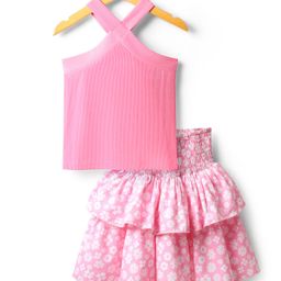 Mark & Mia Knit Sleeveless Halter Neck Top & Skirt Set With Floral Print - Pink-image-13
