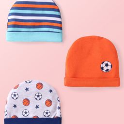 Babyhug 100% Cotton Knit Caps with Ball Print & Stripes Pack of 3 - Orange & White-image-53