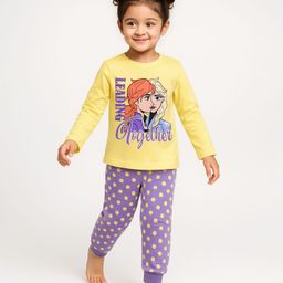 Babyhug Disney Single Jersey Knit Full Sleeves Night Suit With Frozen Elsa & Anna Graphic - Purple & Yellow-image-65