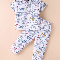 Evimo Single Jersey Knit Half Sleeves Night Suit with Game Theme Print - White & Blue-picture-26
