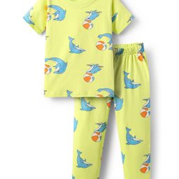 Babyhug Cotton Knit Half Sleeves Co-ords Night Suit With Dolphin Print - Light Yellow-image-41