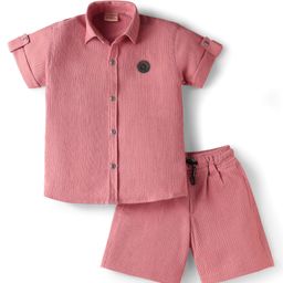 Rikidoos Cotton Half Sleeves Patch Detailed Textured Shirt With Coordinating Shorts Set - Onion Pink-image-20