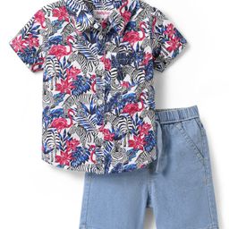 Babyhug Cotton Woven Half Sleeves Shirt & Short Set With Leaves Print - Blue-image-15