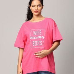 The Mom Store Half Sleeves Wife Mama Boss Text Printed Oversized Maternity Tee - Fuschia-image-38