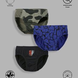 TRESNOVA Cotton Pack Of 3 Anti Microbial Finish & Smart Waistband Technology Tiger & Camouflage Printed Briefs - Blue Green & Black-image-71