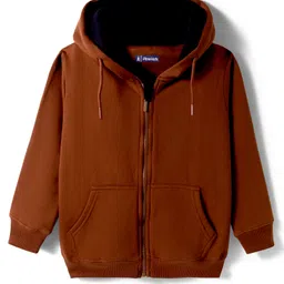 Pine Kids Knit Full Sleeves Solid Color Hooded SweatJacket with Kangaroo Pocket - Brown-picture-10