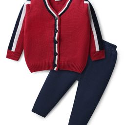 Babyhug Knitted Full Sleeves Solid V Neck Sweater Set with Front Open Button & Tape Design - Red & Navy Blue-image-54