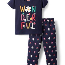 Babyhug Cotton Knit Half Sleeves Night Suit with Floral & Wonderfull Text Print - Navy Blue-image-8