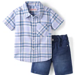 Babyhug Cotton Woven Half Sleeves Checks Shirt & Denim Shorts Set - Blue-picture-7