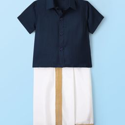 Babyhug Woven Half Sleeves Solid Shirt & Mundu Set - Navy Blue & White-image-9