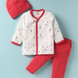 I Bears Interlock Knit Full Sleeves Front Open Night Suit With Nautical Theme Print & Cap - Red & White-picture-9