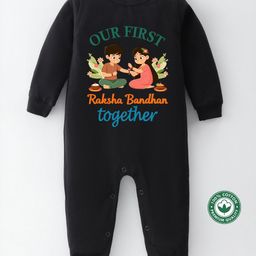 BLUSHES 100% Cotton Knit Raksha Bandhan Theme Full Sleeves Our First Raksha Bandhan Together Text Printed Romper - Black-image-62