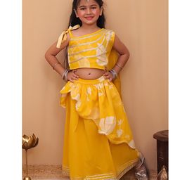 AJ Dezines Cotton Woven Sleeveless Floral Printed With Gota Lace Embellished Lehenga Choli With Attached Dupatta - Yellow-picture-24