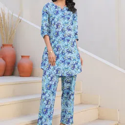 Janasya Women's Blue Pure Cotton Floral Printed Straight Co-Ord Set-53