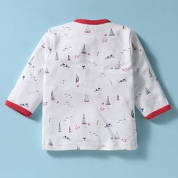 I Bears Interlock Knit Full Sleeves Front Open Night Suit With Nautical Theme Print & Cap - Red & White image 3