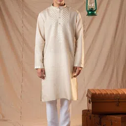 5 Stitch Floral Embroidery Yoke Design Band Collar Straight Kurta With Pyjamas-image-70