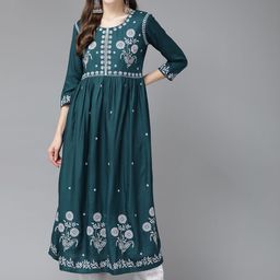 Yufta Women Teal Blue & Silver Embroidered Empire Chikankari Kurta with Palazzos-image-33