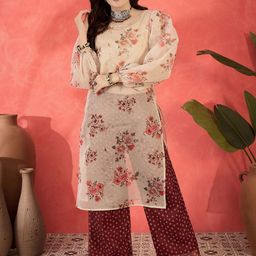 Sangria Floral Printed Puffed Sleeves Organza Straight Kurta With Trousers-picture-13